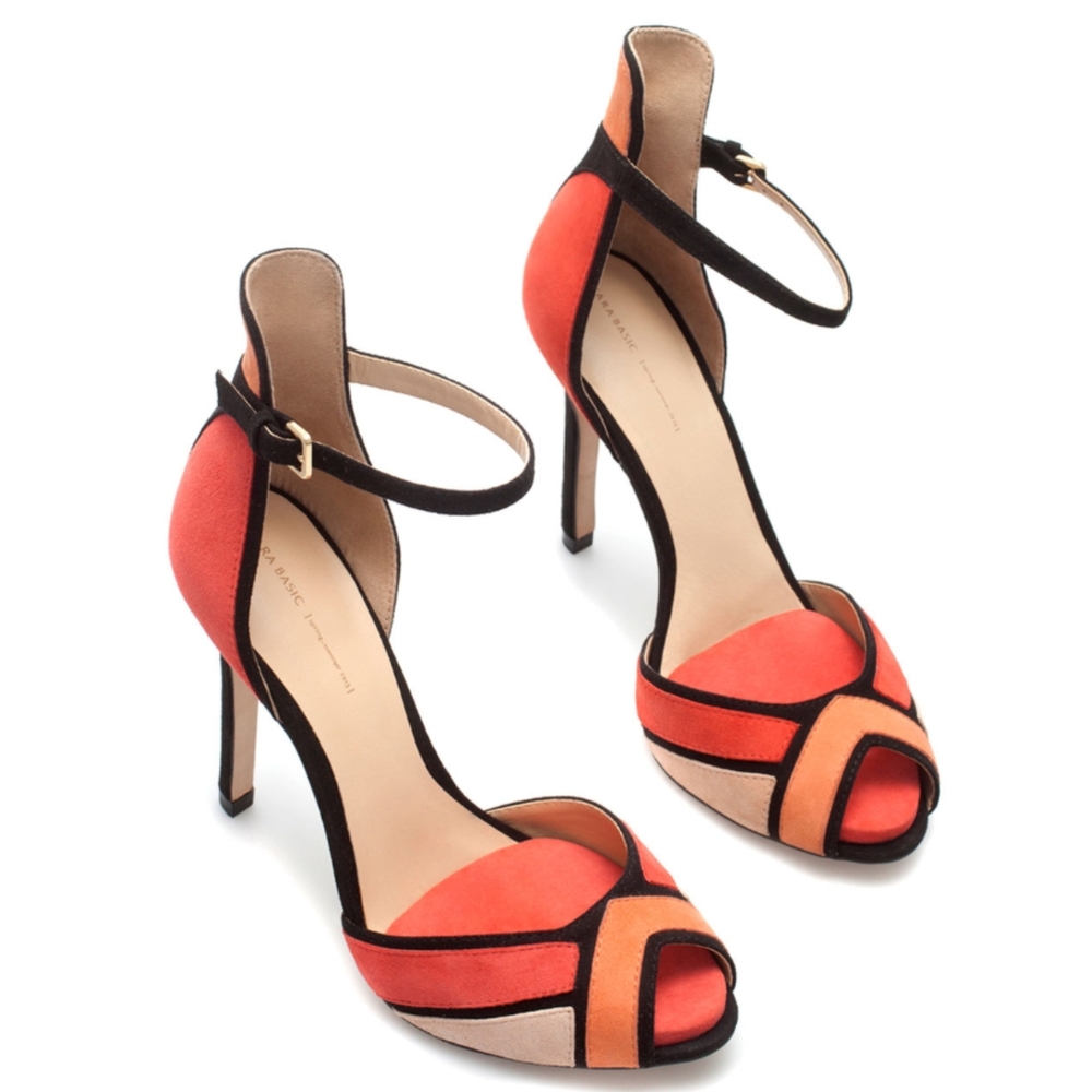 ZARA Suede Peep Toe Color block Ankle Strap High Heel Sandals Women's Size 6